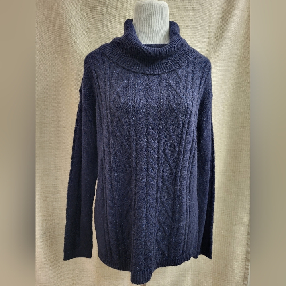 Talbots Women's Blue Cable Knit Turtleneck Sweater Metallic Thread Size Med‎ NWT